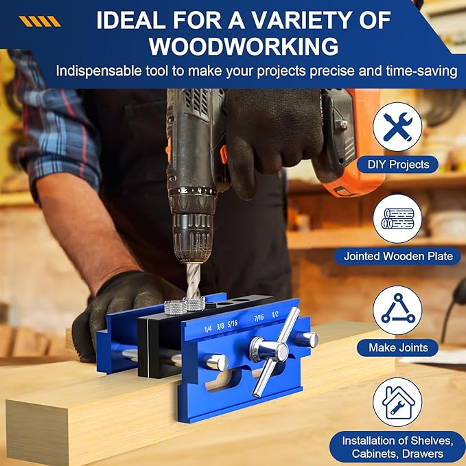 Self Centering Dowel Jig Kit, Drill Guide Jig Block for Straight Holes with 6PCS Drill Bushings, Premium Self Centering Doweling Jig Kit for Woodworking, Adjustable Width Biscuit Joiner Tool