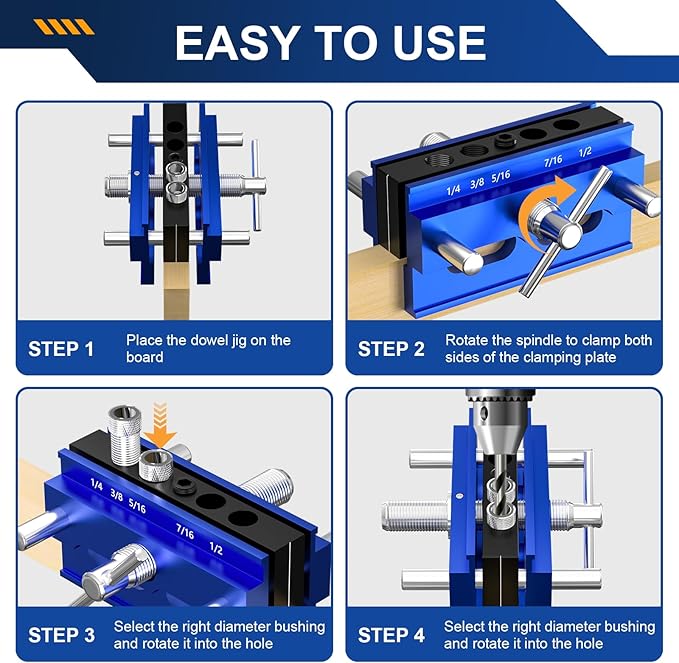 Self Centering Dowel Jig Kit, Drill Guide Jig Block for Straight Holes with 6PCS Drill Bushings, Premium Self Centering Doweling Jig Kit for Woodworking, Adjustable Width Biscuit Joiner Tool