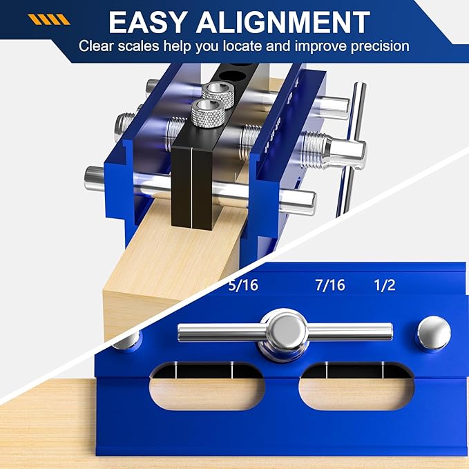 Self Centering Dowel Jig Kit, Drill Guide Jig Block for Straight Holes with 6PCS Drill Bushings, Premium Self Centering Doweling Jig Kit for Woodworking, Adjustable Width Biscuit Joiner Tool