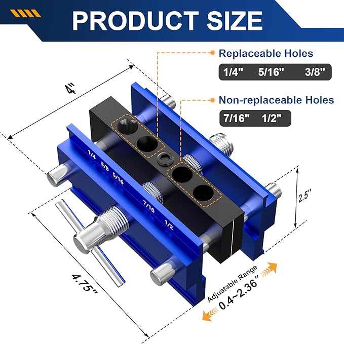 Self Centering Dowel Jig Kit, Drill Guide Jig Block for Straight Holes with 6PCS Drill Bushings, Premium Self Centering Doweling Jig Kit for Woodworking, Adjustable Width Biscuit Joiner Tool