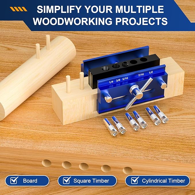 Self Centering Dowel Jig Kit, Drill Guide Jig Block for Straight Holes with 6PCS Drill Bushings, Premium Self Centering Doweling Jig Kit for Woodworking, Adjustable Width Biscuit Joiner Tool